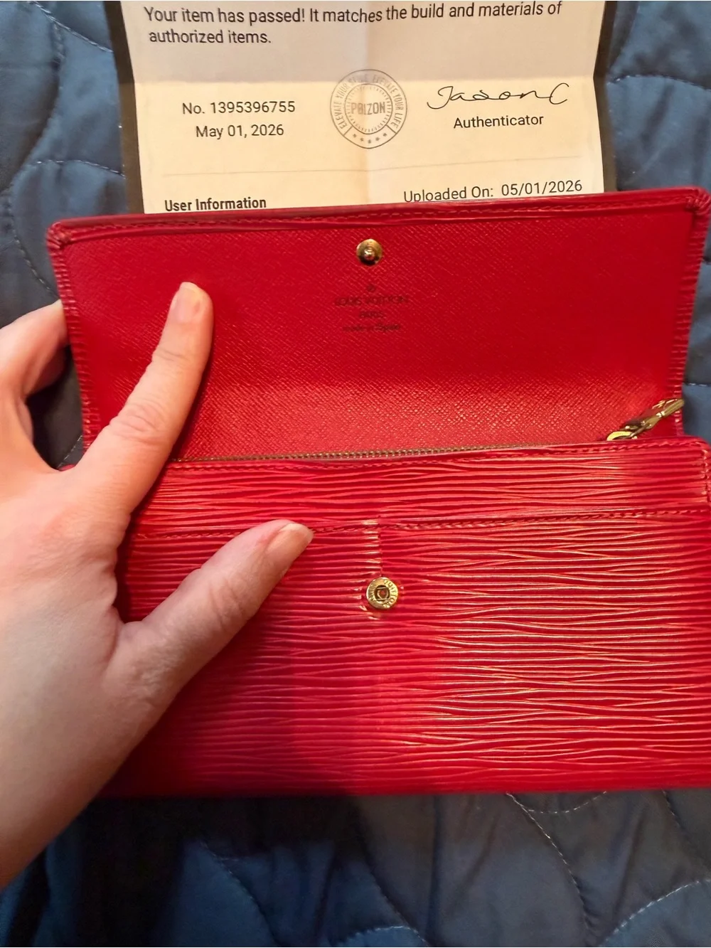 Authentic Louis Vuitton Red Epi Leather Fold Wallet